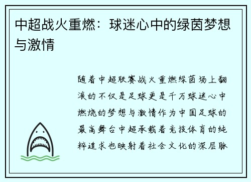中超战火重燃：球迷心中的绿茵梦想与激情