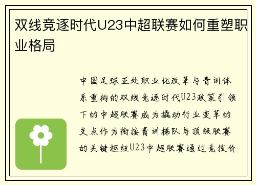 双线竞逐时代U23中超联赛如何重塑职业格局