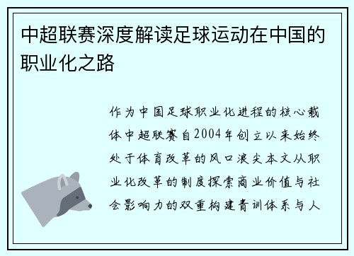 中超联赛深度解读足球运动在中国的职业化之路