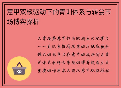 意甲双核驱动下的青训体系与转会市场博弈探析