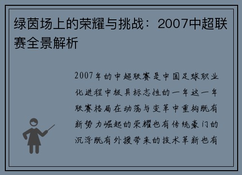 绿茵场上的荣耀与挑战:2007中超联赛全景解析