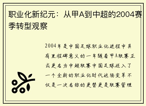 职业化新纪元：从甲A到中超的2004赛季转型观察